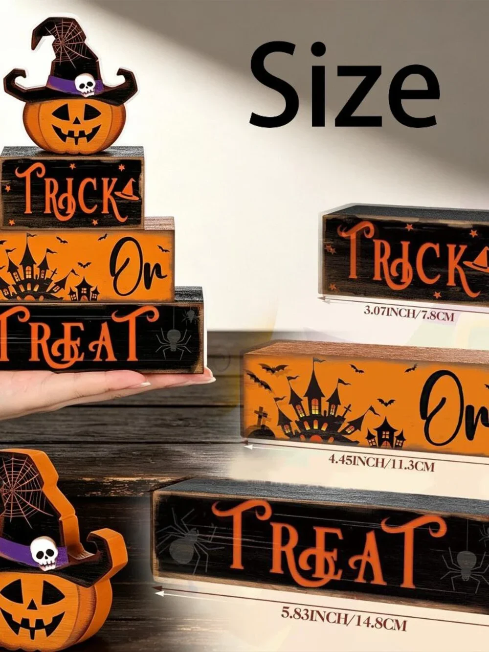 Halloween Stacked Wooden Block,Ghost Witch Pumpkin Tabletop Sign,Spooky Season